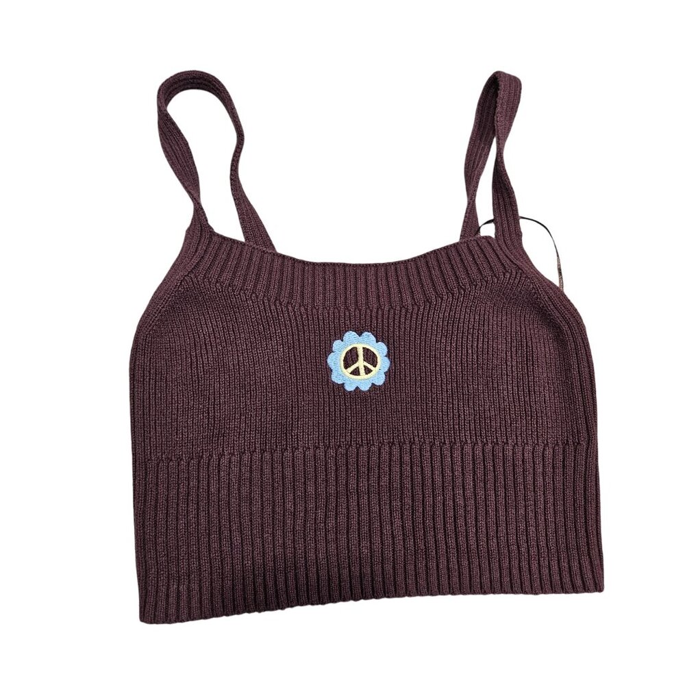 L.A. Hearts Cotton Knit Brown Cropped‎ Tank Top With Peace Sign Embroidery Small